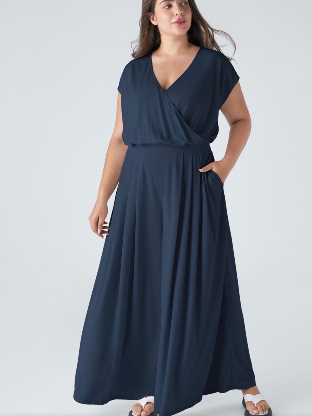 V Neck Short Sleeve Pocket Wide Leg Flowy Waffle Casual Petite S Jumpsuit